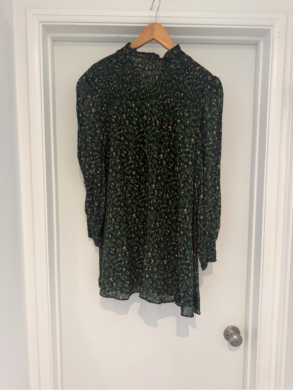 Reformation Dark Green Floral Smocked Neck Tunic